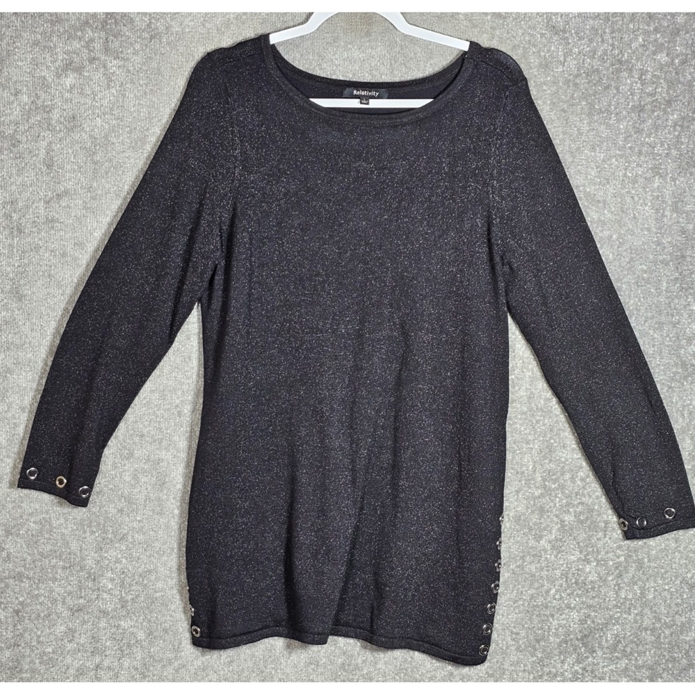 Relativity Shimmer Grommet Knit Tunic Top Womens Size Large Black Long Sleeve